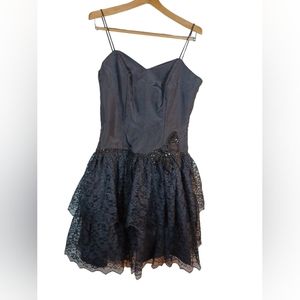 JC Penney Vintage Party Dress Size 15 Black Lace and Sequin Bow